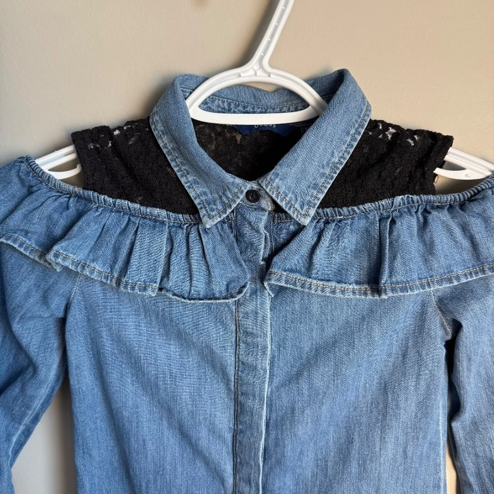 GUESS‎ Girl's 8 Denim Cold Shoulder Button Front Jean Dress Collared Lace Blue - Picture 3 of 15